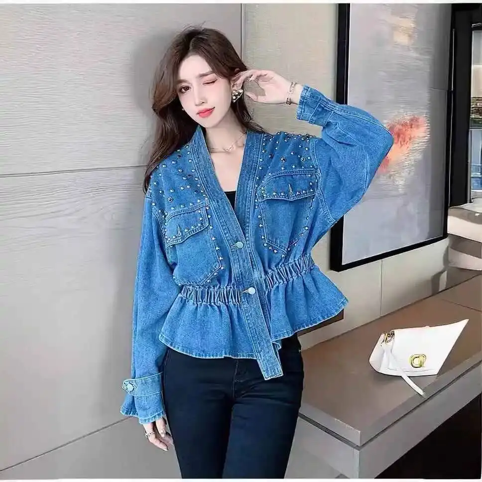 

French denim jacket women's new heavy-duty diamond-studded beaded loose short long-sleeved jacket in spring and autumn
