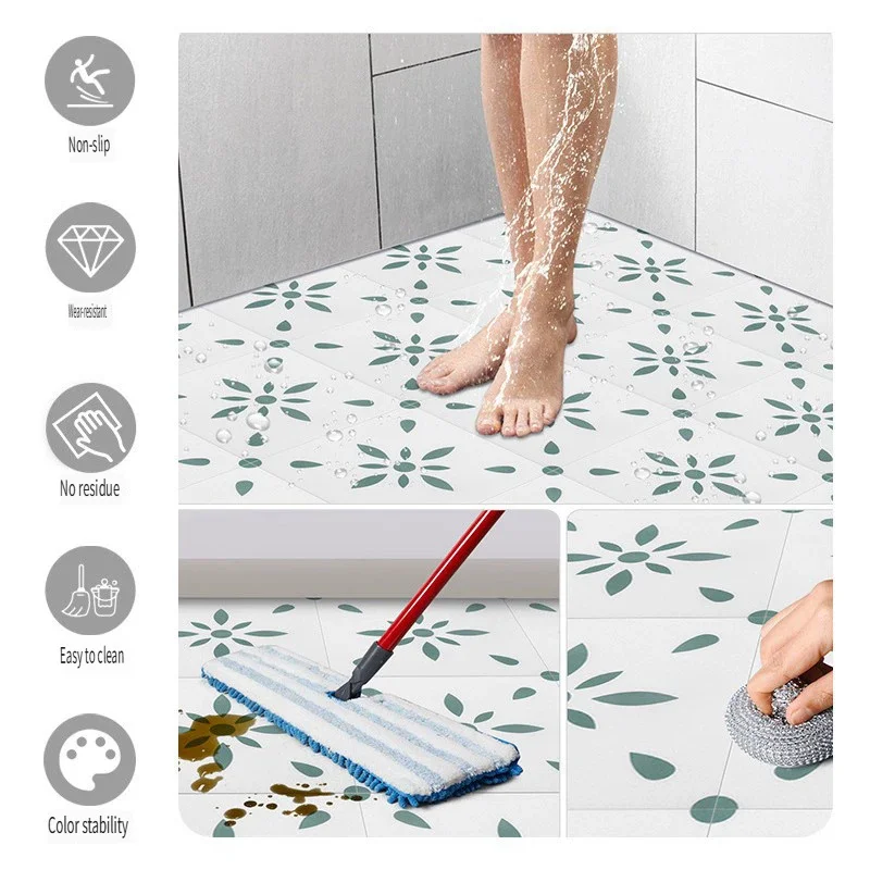 12 قطعة من طبقة لاصقة الحائط ذات السطح الأزرق والرمادي غير اللامع للبلاط/الأرض في أرضية المطبخ باكسبلاش ورق حائط فني من مادة PVC قابل للتقشير والعصا