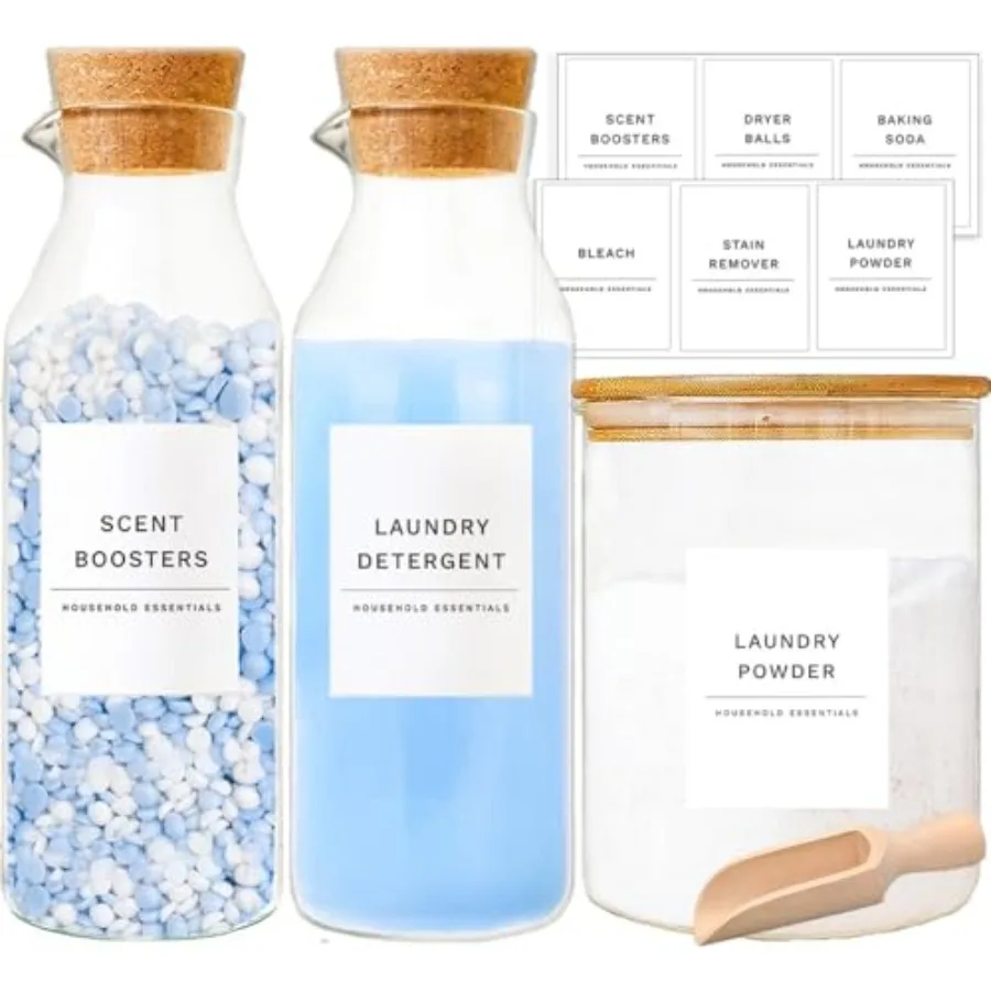 

Glass Laundry Detergent Dispenser Set Liquid Detergent Containers Scent Booster Bleach Dispenser for Laundry Room