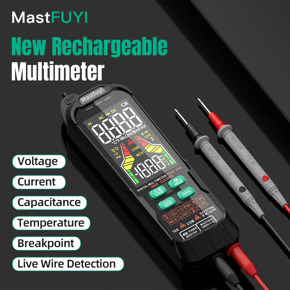 

MASTFUYI Digital Multimeter with Large Display AC/DC Voltage/Current True RMS 1000mAh Lithium Battery USB Charging Auto Range