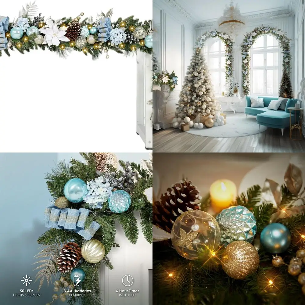 

Battery-Powered 72 Light Blue & Gold LED Christmas Garland with 50 Lights for Holiday Decor