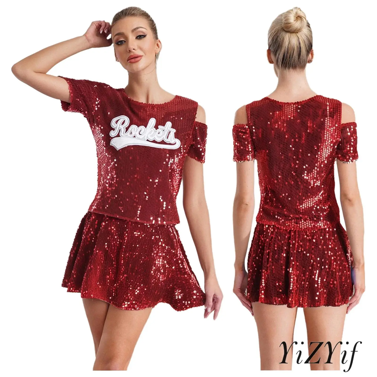 

Womens Jazz Dance Costume Short Sleeve Cold Shoulder Letter Applique T-shirt And A-line Skirt Set for Cheerleading Uniform
