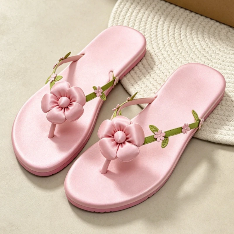 

Sweet Pink Flower Decoration Flip Flops Woman Summer Elegant Satin Clip Toe Flat Slippers Comfortable Soft Sole Beach Sandals