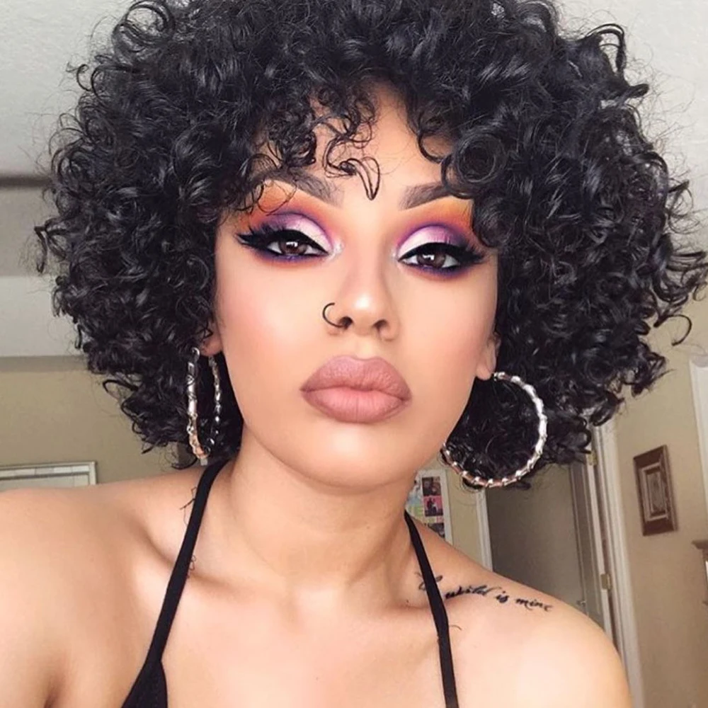 رطب ومموج قصير مجعد عابث قطع شعر مستعار البرازيلي خصلات الشعر المستعار الإنسان مع الانفجارات قبل قطعها للنساء آلة صنع جاهزة لارتداء #1