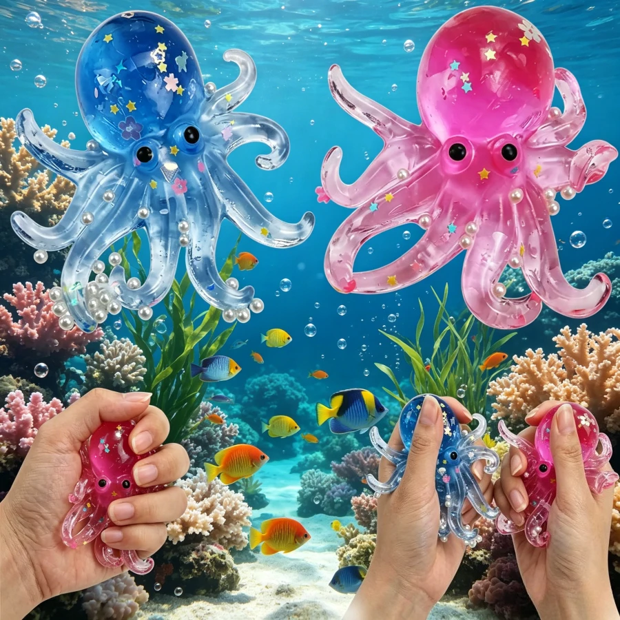 Cute Transparent Octopus Squishy Stress Relief Toy with Sequins Pearls, Soft Squeeze Fidget Sensory Toy for s Kids, Portable Animal Decompression Squeeze Ball Gift for Office Home Party