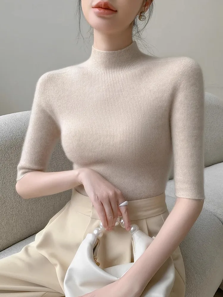 

00% Pure Wool Knitted Sweater Women's f High Collar Five Sve Sl Base irt Korean Sle Slim Fit Commute Faion