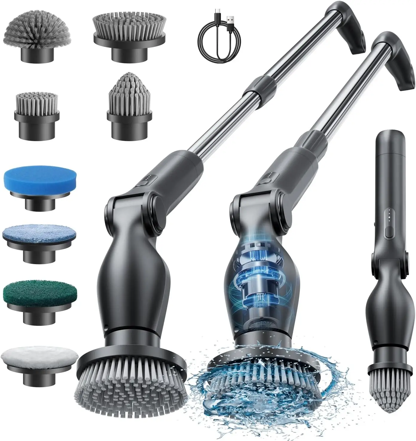 

Электрический скруббер, беспроводной с 8 головками, 4 угла, 2 скорости, пульт дистанционного управления, длинная ручка для ванной комнаты, ванны, пола