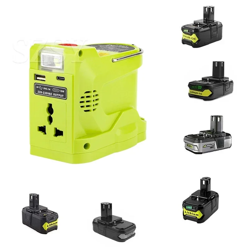 Generador de energía portátil de 200W con USB Dual, luz LED de 280LM para batería de litio Ryobi de 18V, inversor de energía portátil