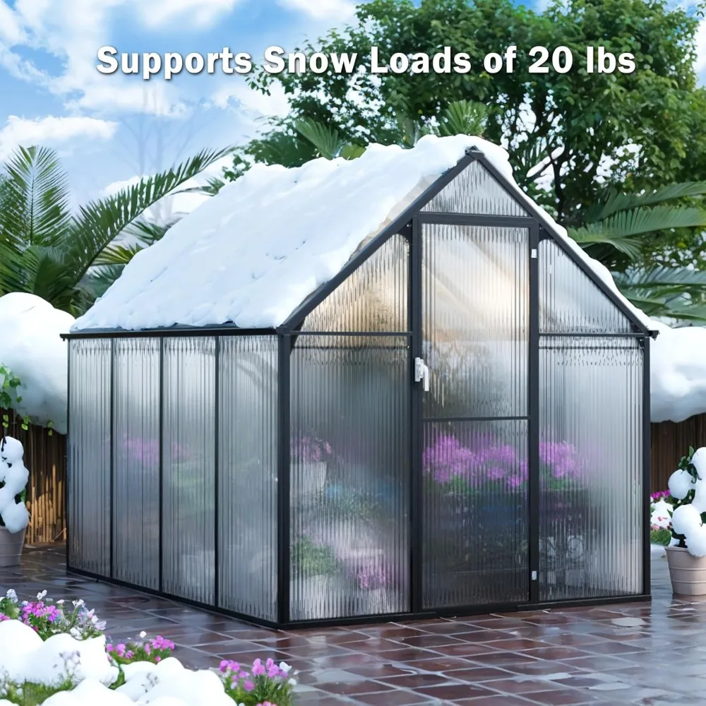 Polycarbonate Greenhouse for Outdoors, Quick Setup Structure, W/Rain Gutter and Ventilation Window, Aluminum Walk-in Greenhouse