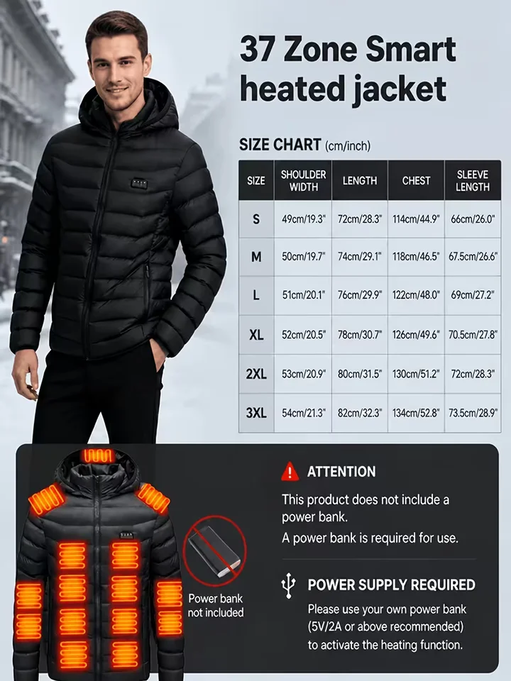 Men's Intelligent Heating Jacket 39 Heating Zones Four Temperature Control Settings Outdoor Cold Resistance Winter Hat Included (Battery Not Included), image 6