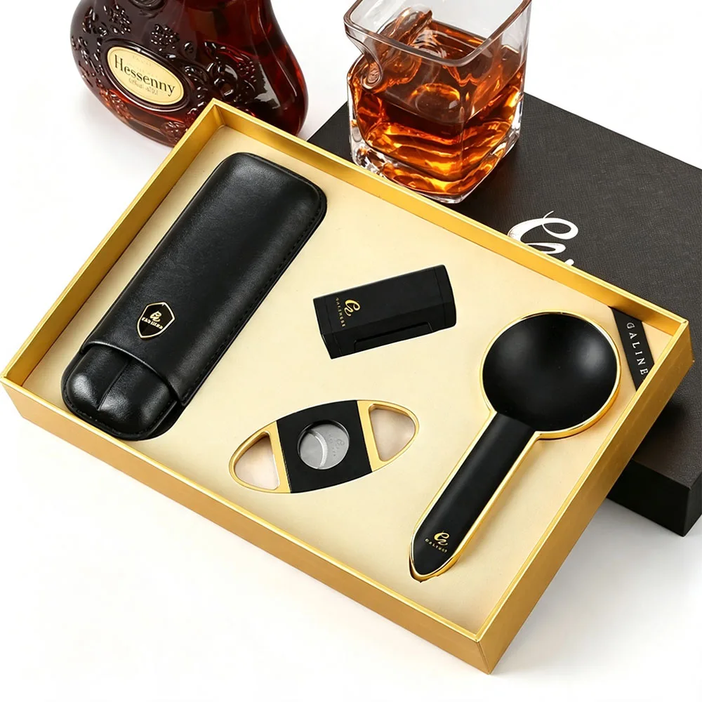 GALINER Metal Cigar Smoking Set Butane Gas Lighter Cigar Guillotine Cutter Portable Outdoor 1 Slot Ashtrays