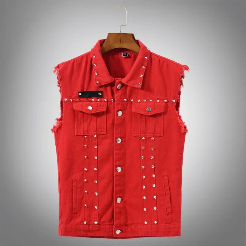 

Fashion Mens Rivet Denim Vest Punk Party Studded Slim Fit Jean Jacket Male Red Sleeveless Waistcoat for Men Plus Size 5XL