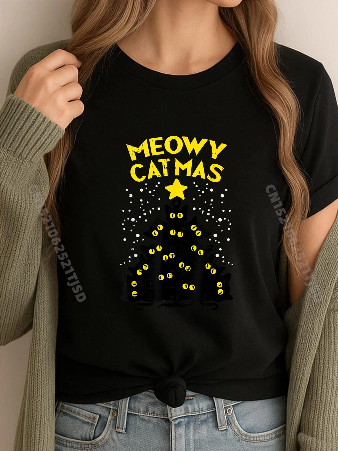 

Meowy Catmas Черные кошки Дерево Кошка Владелец Рождественские черные футболки с рисунком Забавные футболки Топы Футболки