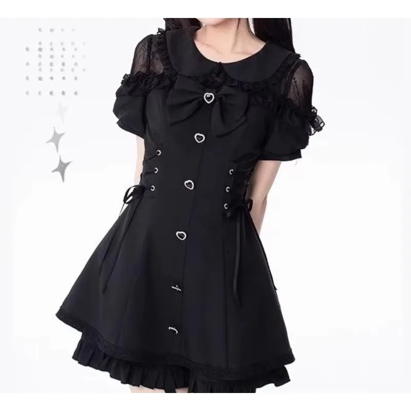 Women Sweet Lolita 2 Piece Set Bow Lace Puff Short Sleeve Shirt and Shorts Kawaii Y2K Outfit