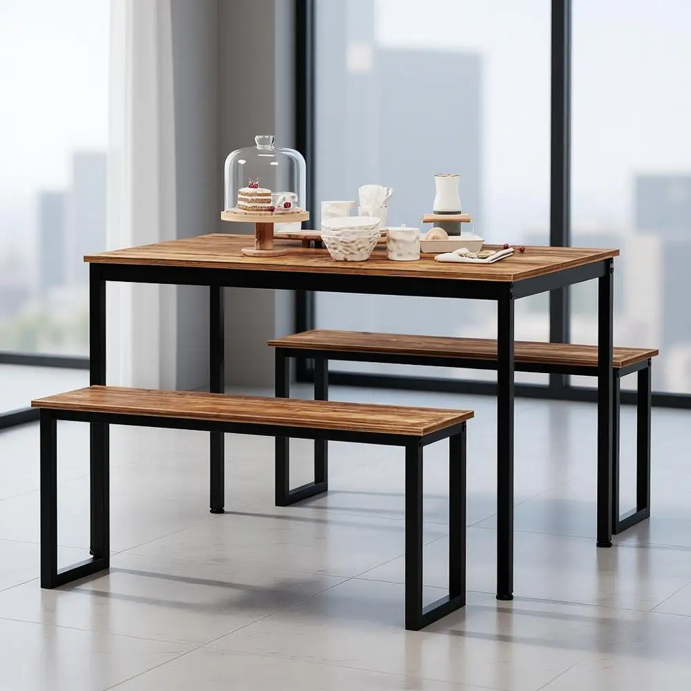 4人掛けの長方形の茶色のソーホーダイニングセット（ベンチ付き、キッチンスペース用）