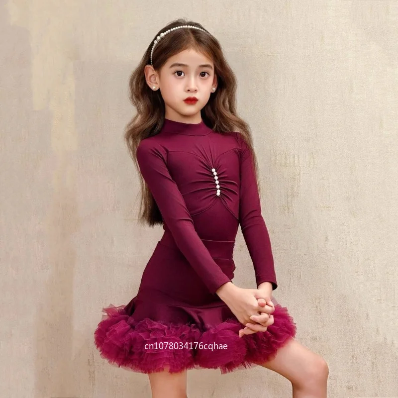 

Puff Skirt Set Kids Girls Latin Dance Practice Outfit Half High Collar Long Sleeve Professional Standard Velvet Wine