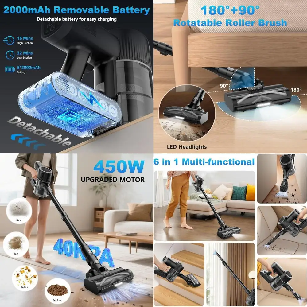 

Мощный беспроводной вертикальный пылесос 450 Вт, сила всасывания 40 000 Па, настенная зарядная станция, для уборки шерсти животных и всех типов напольных покрытий