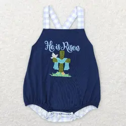 New rts baby Easter boys romper wholesale boutique embroidered cross jesus boy sleeveless blue romper