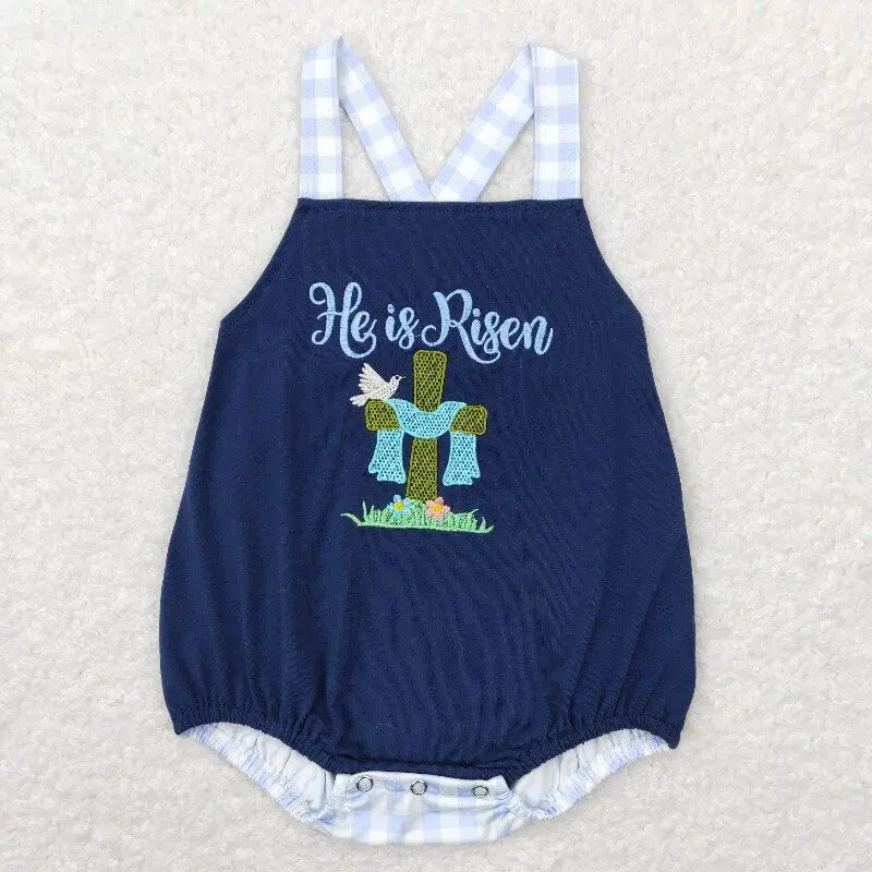New rts baby Easter boys romper wholesale boutique embroidered cross jesus boy sleeveless blue romper