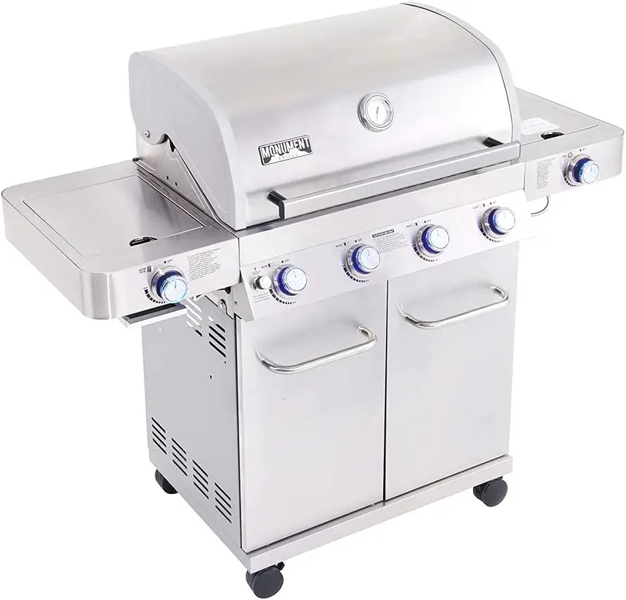 

Monument Grills 4-Burner Propane Gas Grills Stainless Steel Cabinet Style with Side & Side Sear Burners Built-In Thermometer