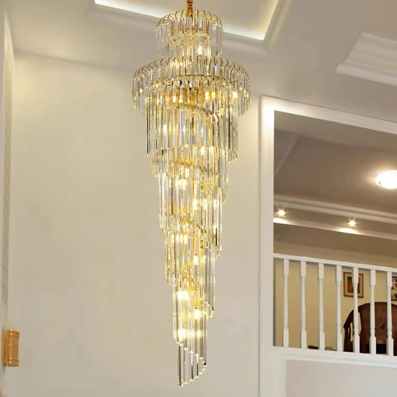Long Crystal Staircase Gold Chandelier Modern Loft Crystal Lamp Luxury Villa Hotel Hall Living Room Large Chandelier Home Decor