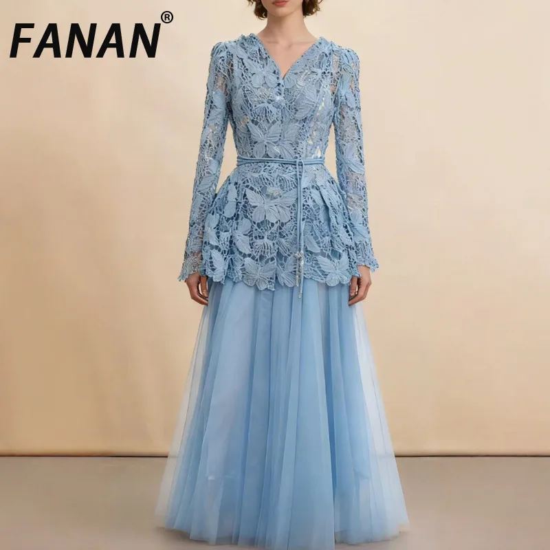 

FANAN Women's Elegant 2 Piece Set V Neck Lace Design Lace-up Gathered Waist Tops + High Waist Mesh Skirts Female 2026 Spring New