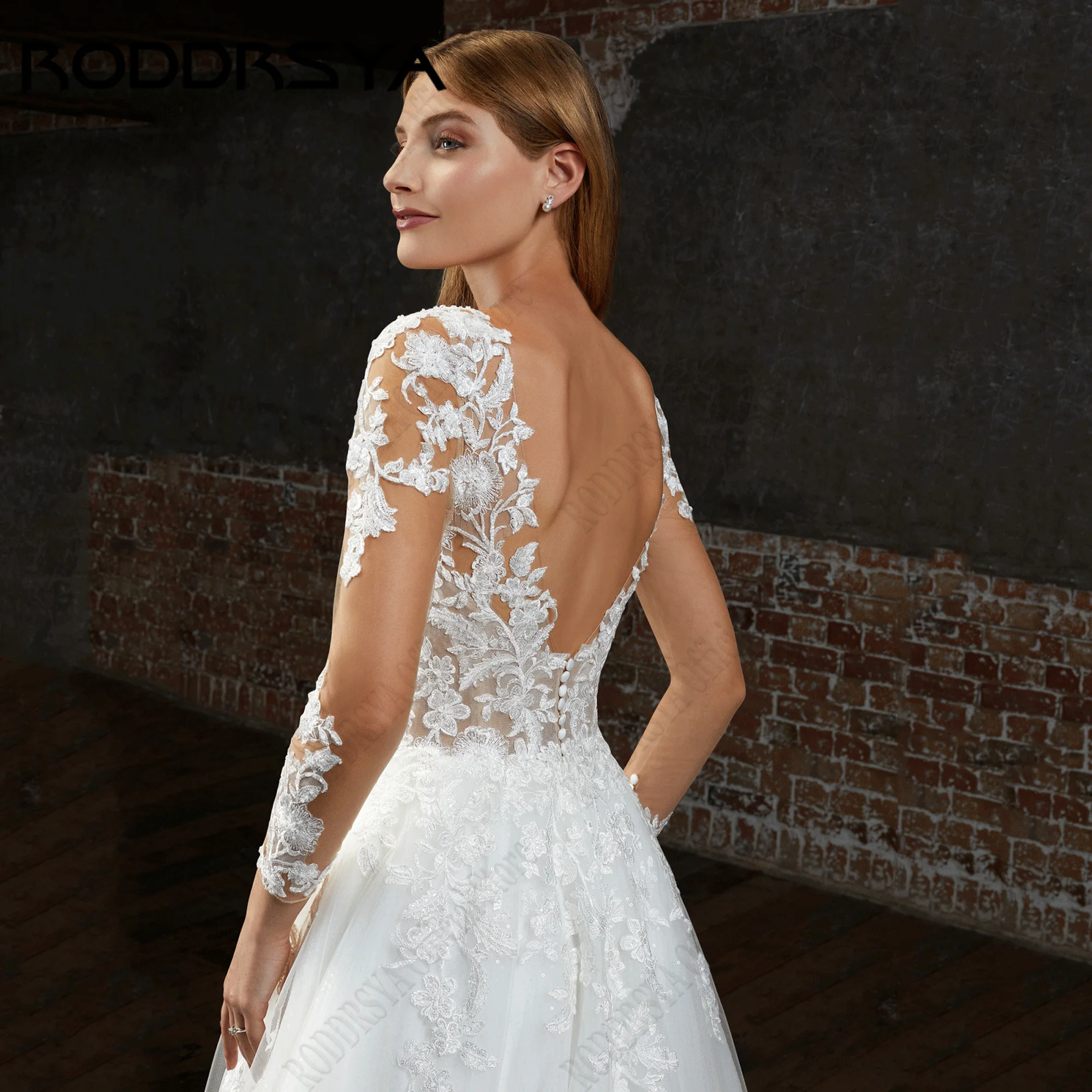 RODDRSYA abito da sposa maniche lunghe a-line Glitter Tulle abiti da sposa Applique pizzo Backless eleganti abiti da sposa per le donneRODRSYA Abito da sposa Maniche Lunghe A-Line Glitter Tulle Abiti da sposa Applique