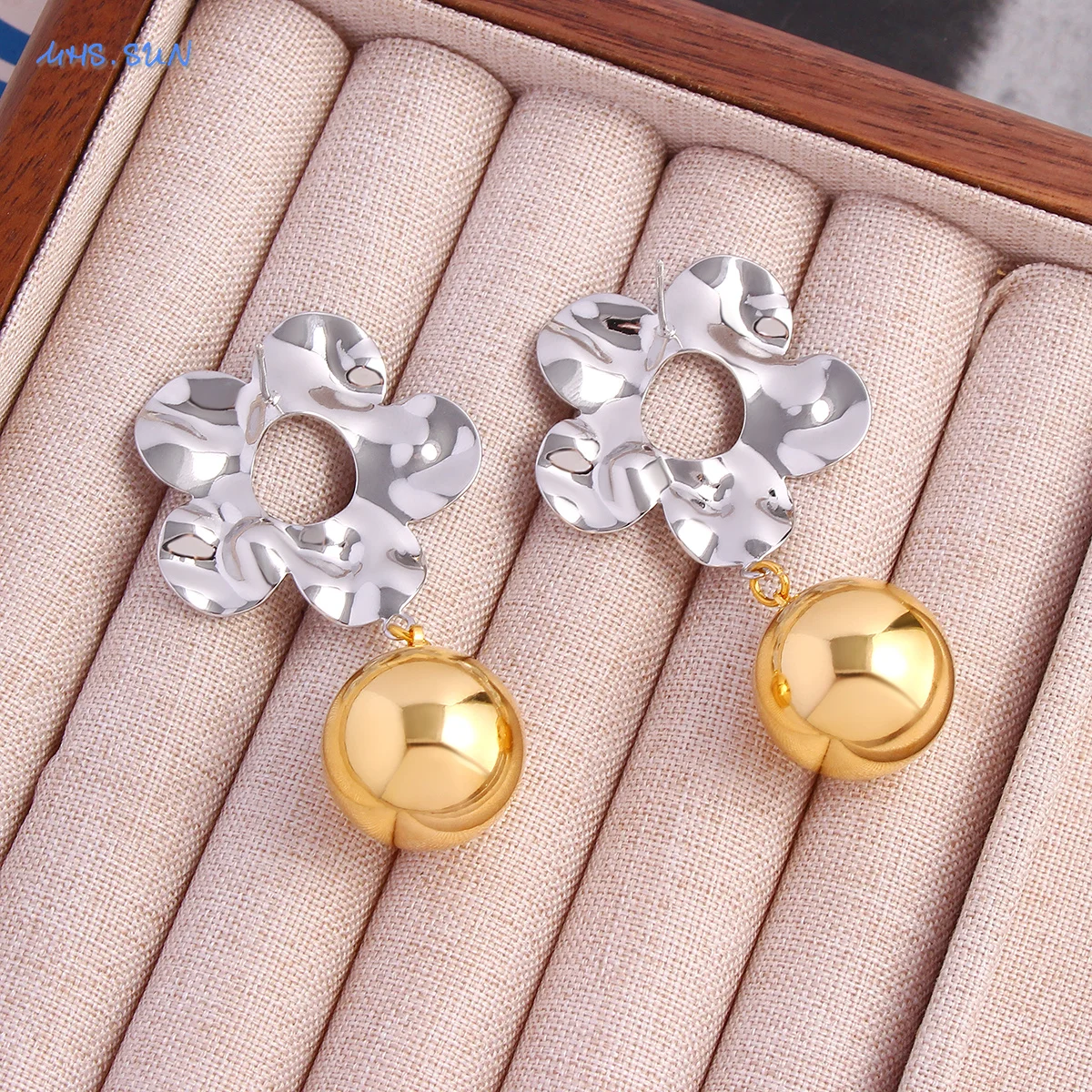 SUNSLL Hammered Flower Stud Earrings With Smooth Ball Pendant Gold Silver Color Luxury Banquet Jewelry Gift For Women Girls