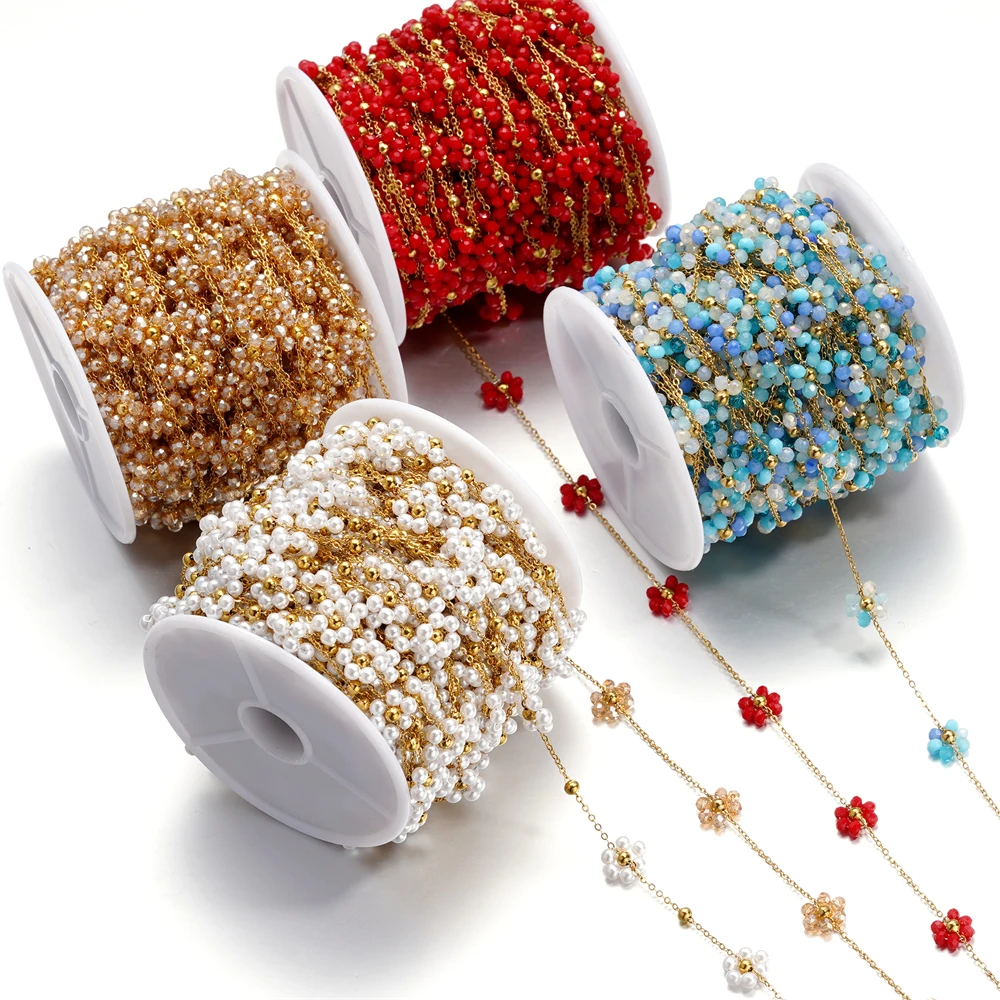 

1Meter Stainless Steel Pink Crystal Flower Natural Stone Beads Gold/Steel Color Chains for Necklace Bracelet DIY Jewelry Making