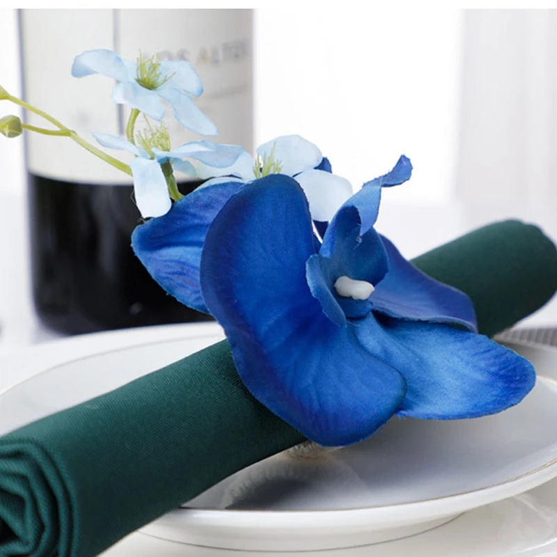 6PCS Handmade Orchid Flower Napkin Rings Blue Flower Holders Handcraft Serviette Buckles Rings For Wedding Table Decor