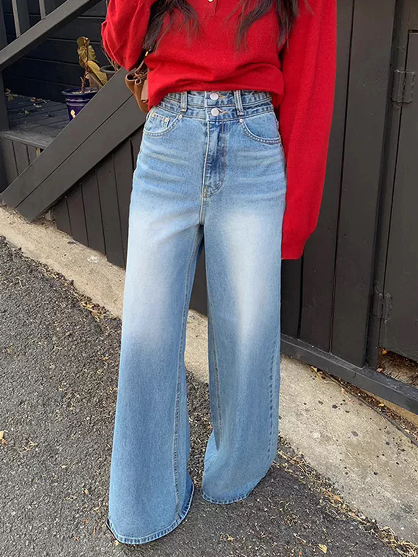 

High Waist Straight Leg Pure Color Two Button Spring New Sle Retro Wide Leg Jeans Women's Trousers Comfortable Casual Pants