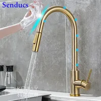 Brushed Gold Touch Kitchen Faucet with Pull Down Hot Cold Kitchen Sink Mixer Tap Home Improvement Sensor Touch Kitchen Faucets