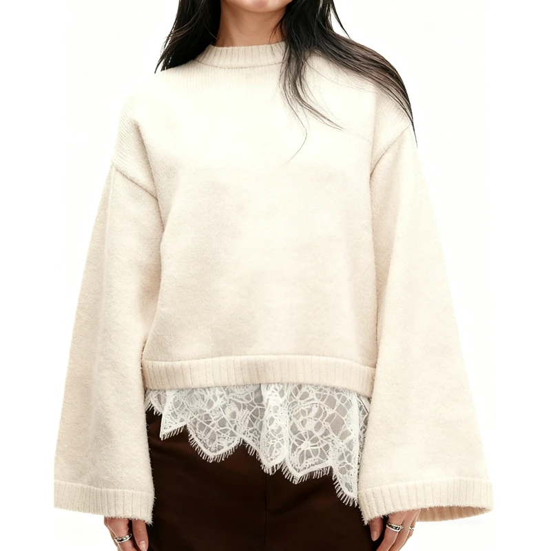 

Irregular Floral Lace Hem Patchwork Oversized Sweater Womens Long Sleeve Jumper Tops Loose Crewneck Pullover Knitwear
