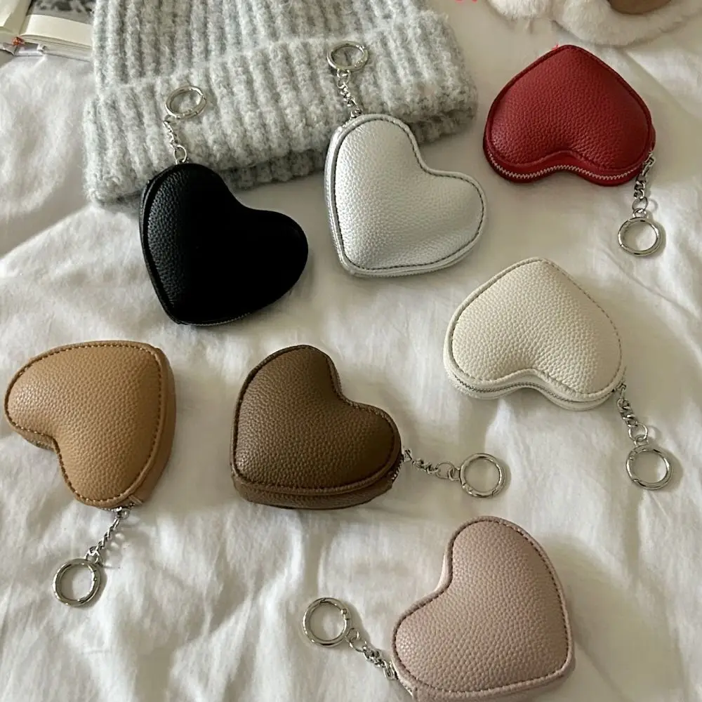 

Portable Pendant PU Leather Coin Purse Zipper Love Cute Card Holder with Keychain Clutch Bag Earphone Bag Women