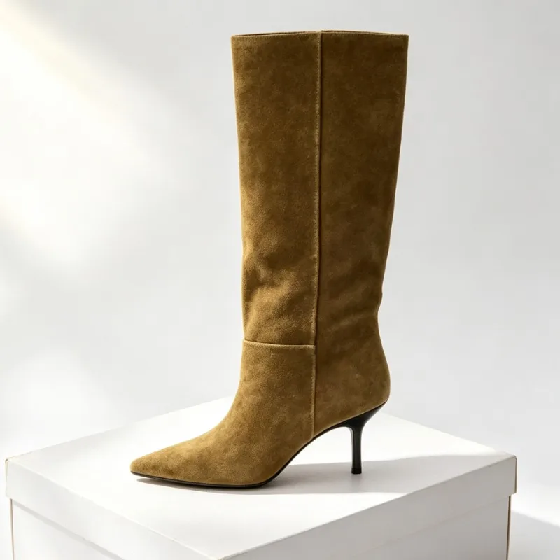 2026 New Suede Heeled Knee-high Boots Women Pointed Toe Retro Winter Boots Female Dress Fashion Designer Knight Long Boots Women image 2