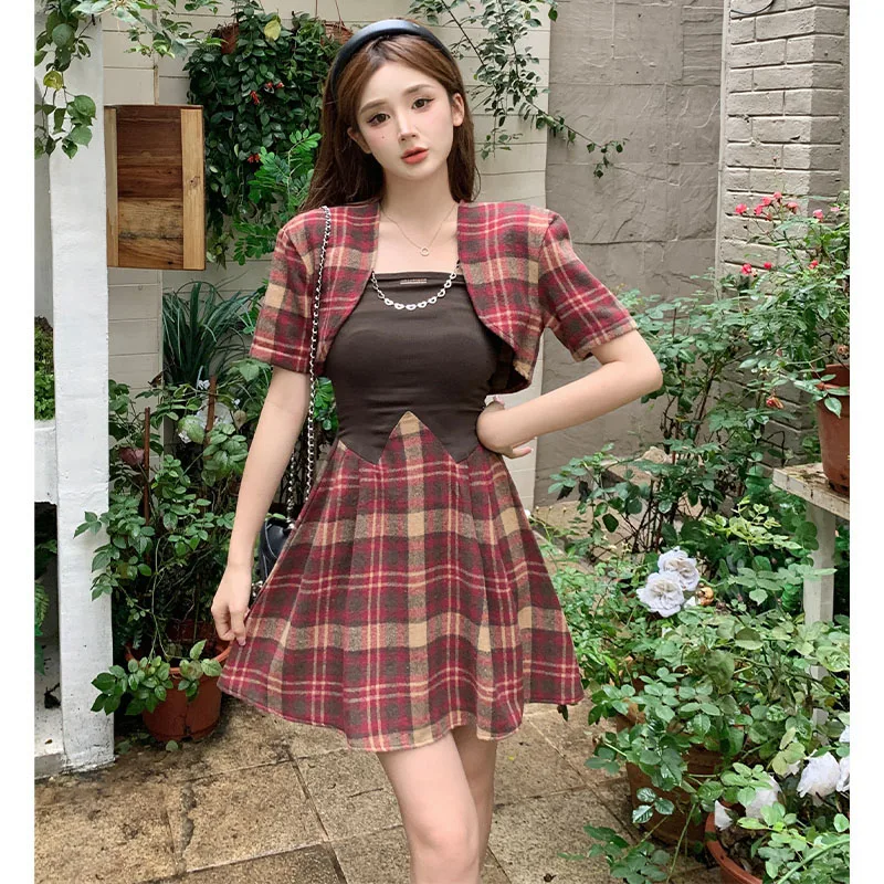 Oversize Strapless Dress Women New  Hotsweet High Waist Flounced Edge Patchwork Graphic Sense Plaid Dress + Cardigan Two Piece