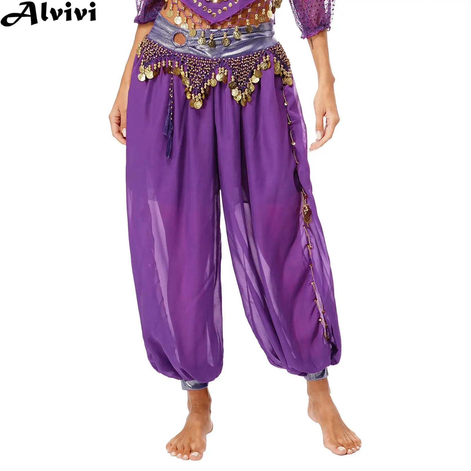 Vrouwen Buikdansbloeiers Broek Halloween Carnaval Feest Optreden Kostuum Chiffon Plastic Kralen Kwastjes Kant Split Broek