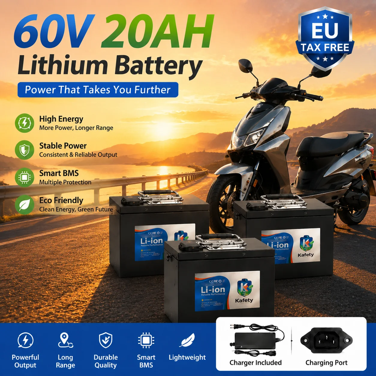 Wiederaufladbare 60V 18650 Lithium-Batterie 20AH-50AH mit eingebautem BMS und Ladegerät, Ersatzstromversorgung für 500W-3000W Elektromotorroller.