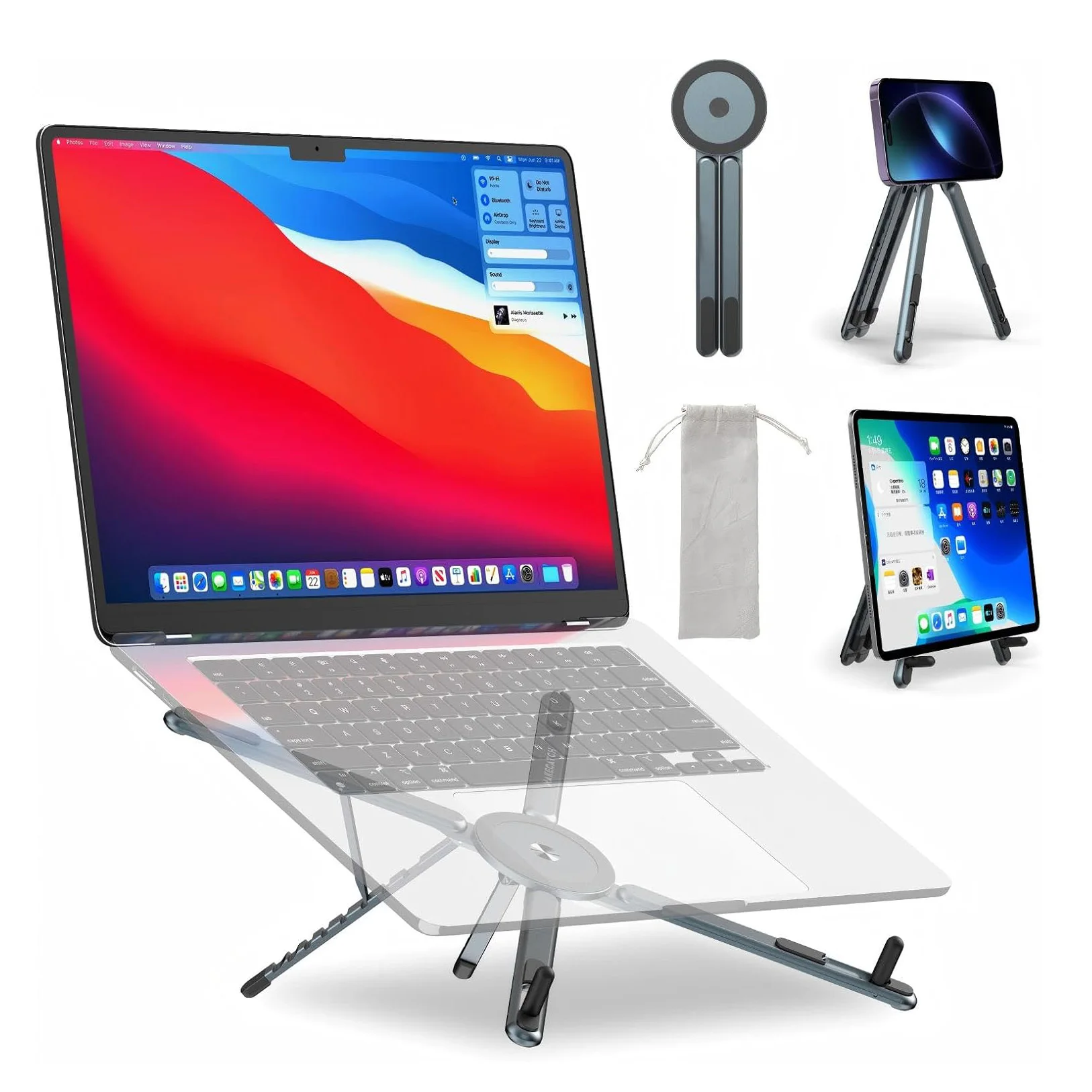Tragbarer 3-in-1 faltbarer Mini-Laptop-Ständer aus Aluminiumlegierung, höhenverstellbarer Handyhalter