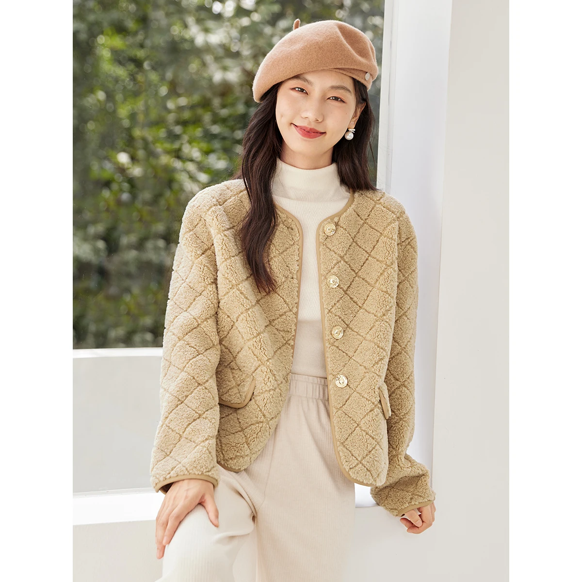 SENTUBILA Giubbotti in pelliccia finta da donna 2025 Argyle Girocollo Bottoni in metallo Cappotto in pelliccia sintetica Capispalla invernale da donna vintage W54WM3630X