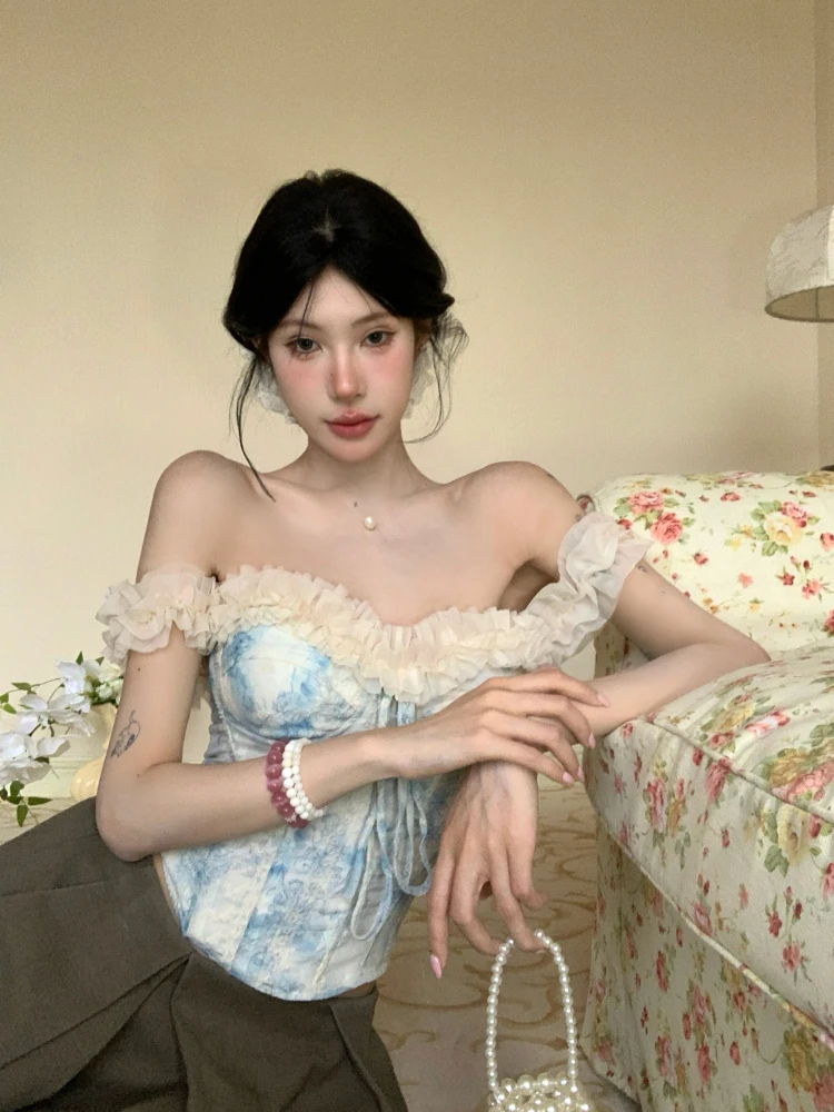 High Quality Hot Selling Wholesale High-end Camisole Vest Women 2025 Romantic Splicing Fishbone Corset Blue Strapless Top Y2k