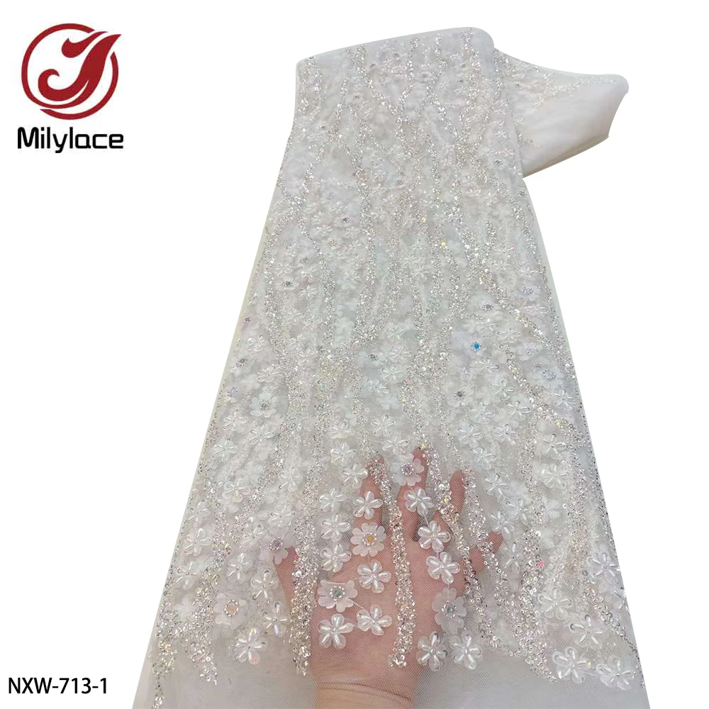 

Luxurious Beads Lace Fabric High Quality African Beaded Groom Embroidery French Beads Lace Fabrics for Sew Wedding NXW-713