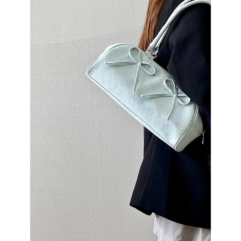 

Rectangle Bow Women's Bag 2026 Summer Korean Style Zipper Large Capacity Commuter Shoulder Bag Personalized Blue Denim Handbag