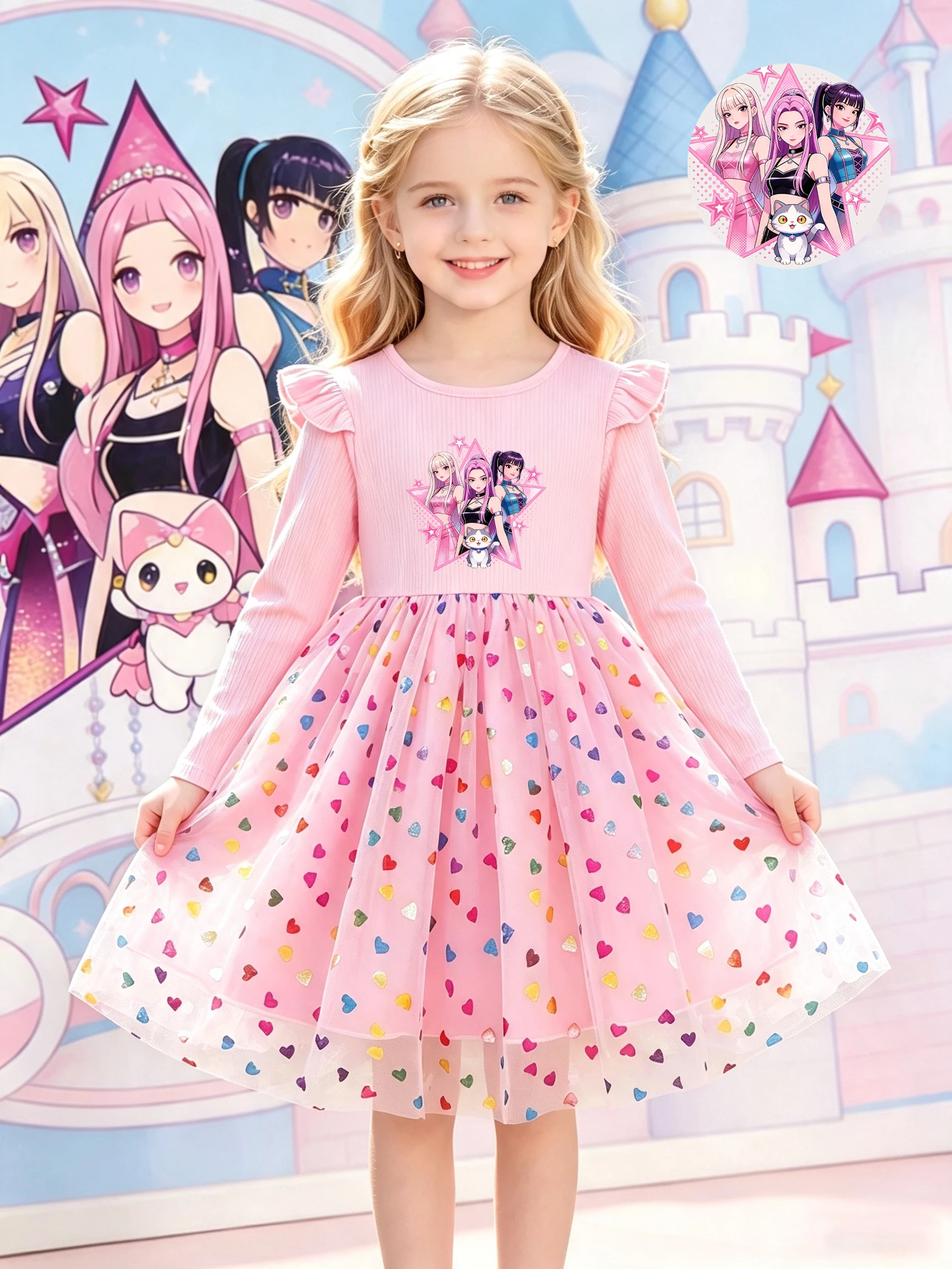 Girls Cartoon Printed Long Sleeve Tulle Princess Dress, Pink Flutter Sleeve Colorful Heart Puffy Skirt Kids Spring Autumn Dress