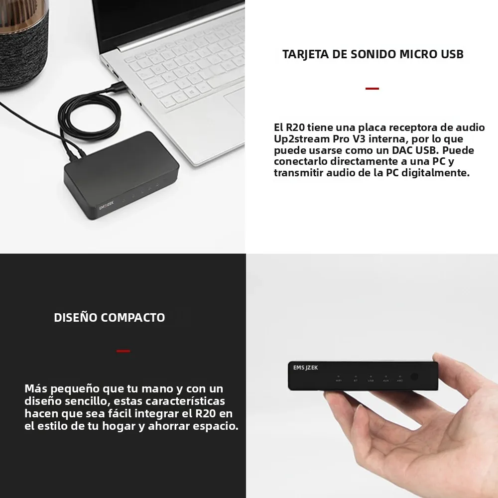 Receptor de Audio Inalámbrico Bluetooth EMiUZEK R20, Reproductor Multi-Habitación WiFi, AirPlay, Spotify Connect, DAC USB, Sistema Hi-Fi