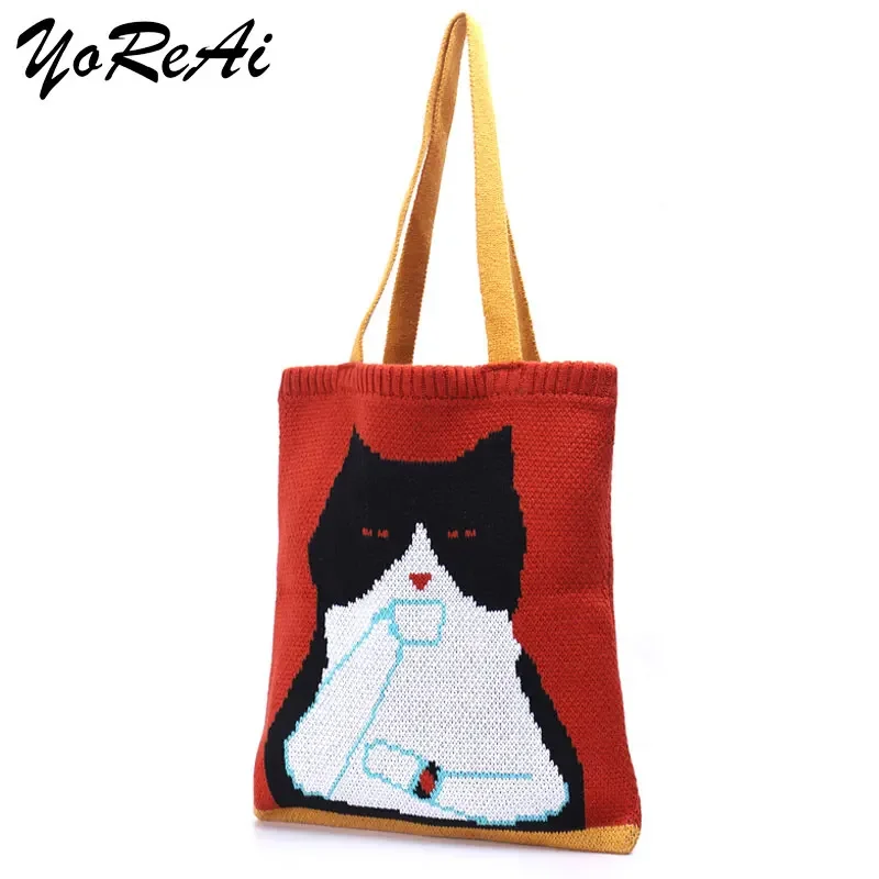 YoReAi-Cat Pattern Tricô Top-Handle Sacola para meninas, sacos de livros femininos, estilo kawaii, elegante, casual, macio, bolsa aberta diariamente