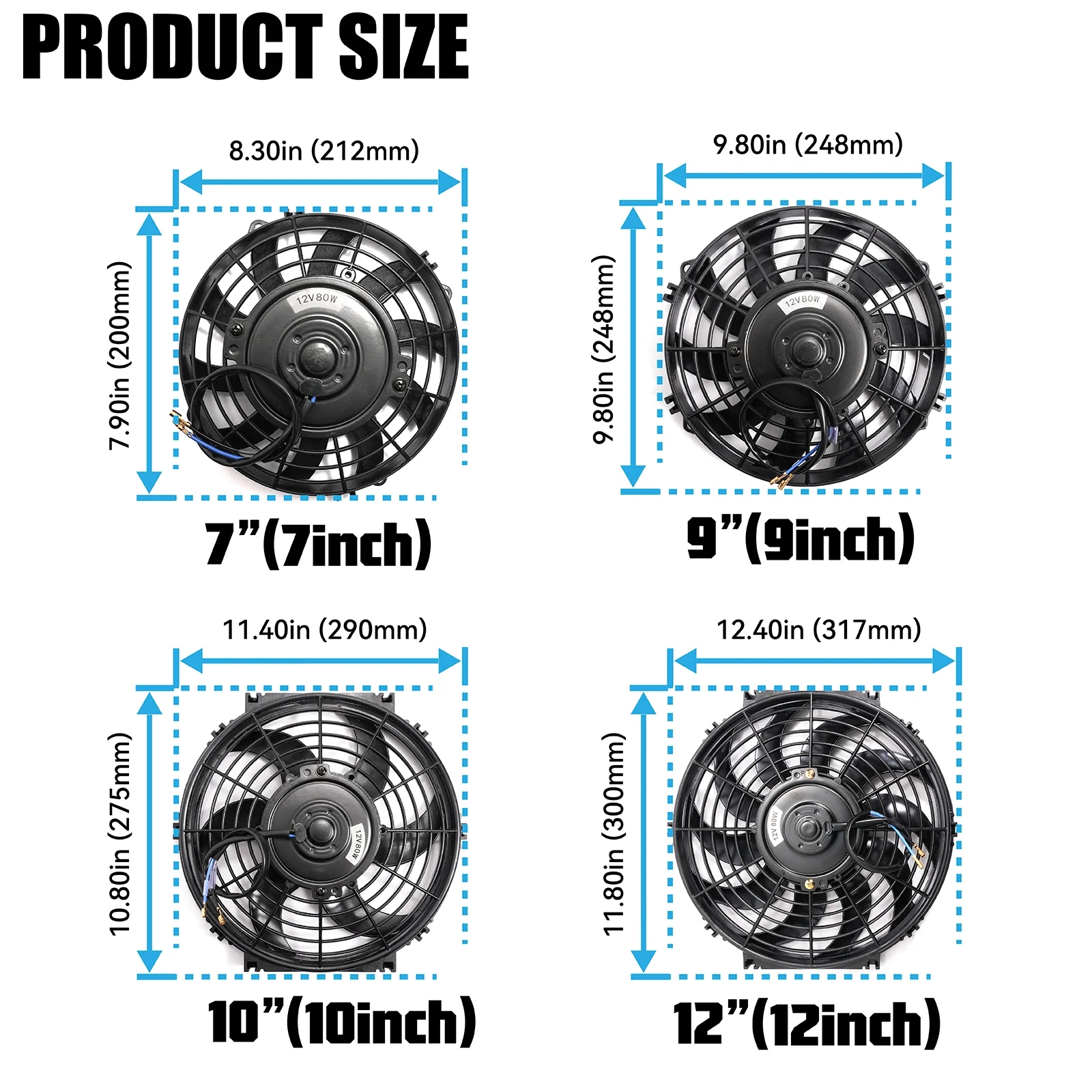 Universal 7/9/10/12 Inch 12V 80W 2100RPM Car Air Conditioning Electronic Radiator Cooling Fan Blade Electric Cool MountingKit