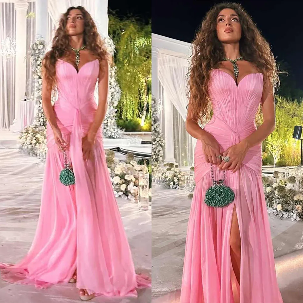 

High Quality Customized V-neck Floor Length Sleeveless Pink Vestidos Elegantes Para Mujer Para Una Boda Dresses for Women Платье