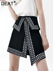 DEAT Fashion Women's Rivet Beads Skirt High Waist A-line Slim Irregular Zipper streetwear Mini Skirts Summer 2024 New 19F-a211