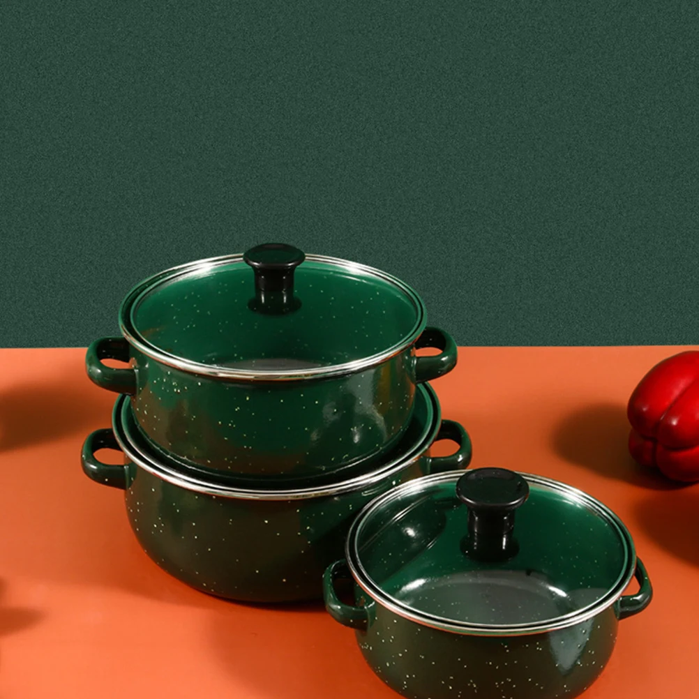 

3 Pcs Mini Soup Pot Three-piece Set Enameled Cookware Stew Cooking with Lid Dutch Oven Green Bean